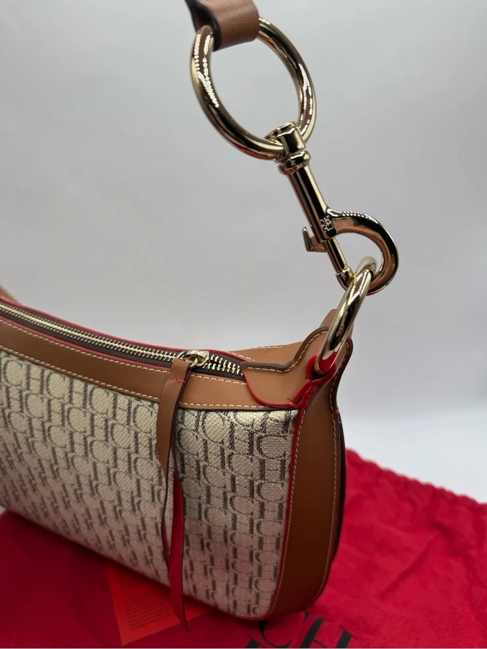 Carolina Herrera CH Signature Hobo Bag in Cream, Tan & Red